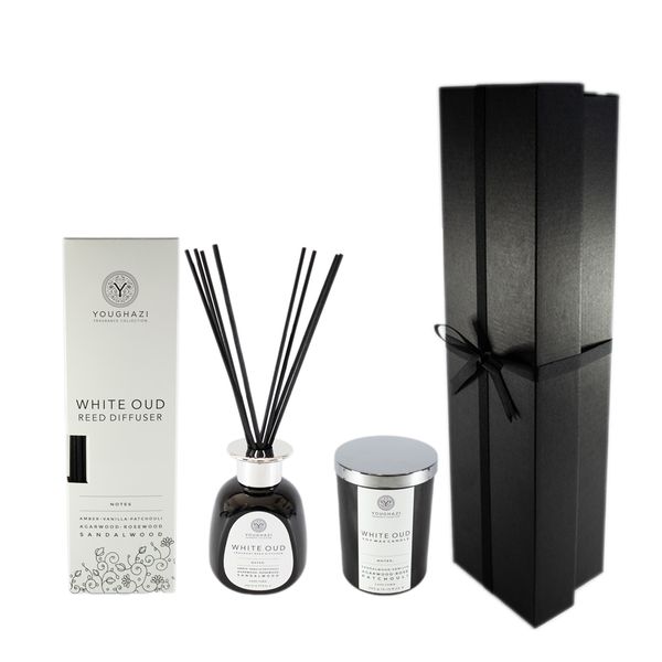 Set of White Oud Reed Diffuser with Reed Sticks and White Oud Soy Wax Candle