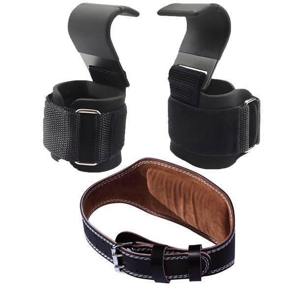 Fitness Set - 2 Pieces Wrist Plate Hook + PU Leather Weightlifting Belt