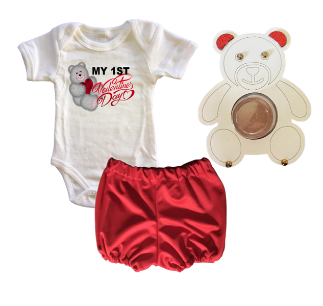 My First Valentines Day Outfit-Vest, Bubble shorts &amp; Teddy Bear Frame-Boys
