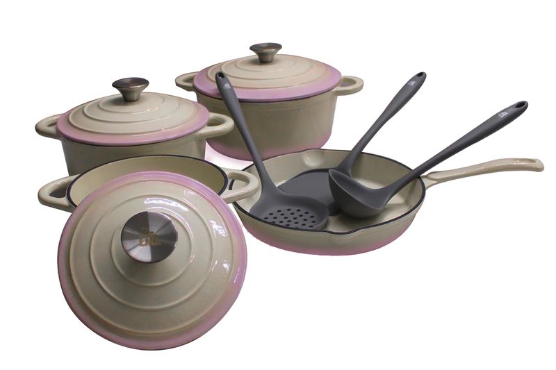 LMA Two Tone 7-Piece Cast-Iron Cookware Pots &amp; 3 Silicone Kitchen Utensils