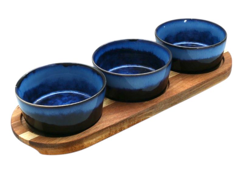 Excellent Houseware 4Pc Condiment Set 3 Blue Ceramic Bowls &amp; Acacia Board