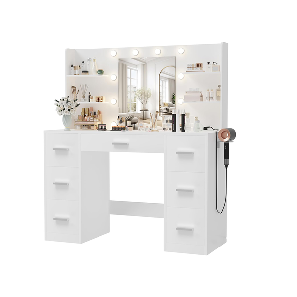Furnny Vanity Desk with Mirror &amp; 10 Lights, 7 Drawers, Power Outlet