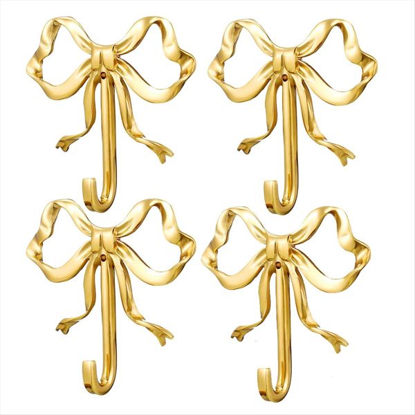 4 Pcs Valentine'S Day Wall Decor Gold Bow Knot Hooks Brass Bow Wall Door Ha