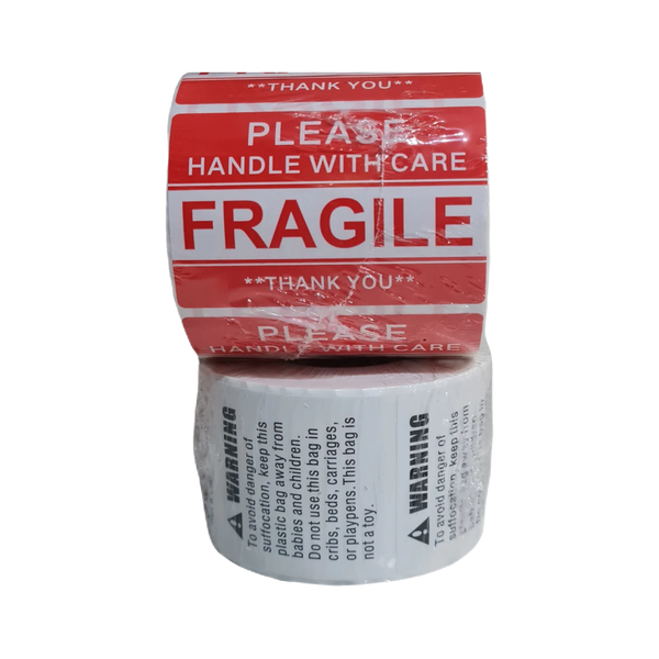 Combo fragile and warning stickers - 1000 pieces - 2 rolls