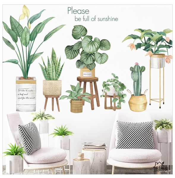 Sunshine Green Leaf Potted House Plants Vinyl Art Sticker for Wall Decor