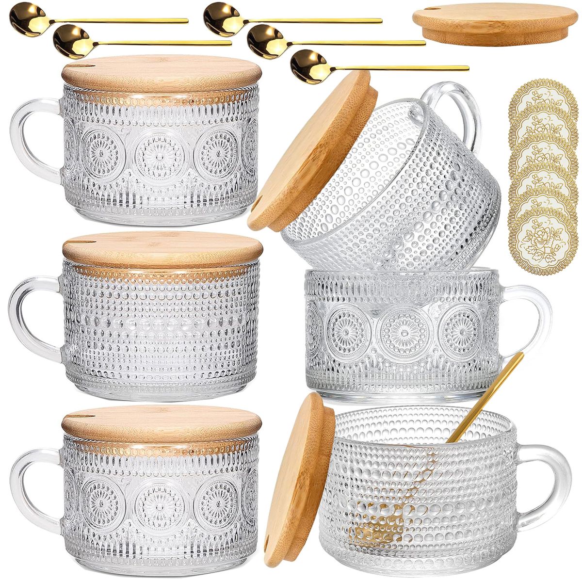 6-Pack (24 Piece) Vintage Glass Coffee Mugs Overnight Jars Tea Cups With Bamboo Lids