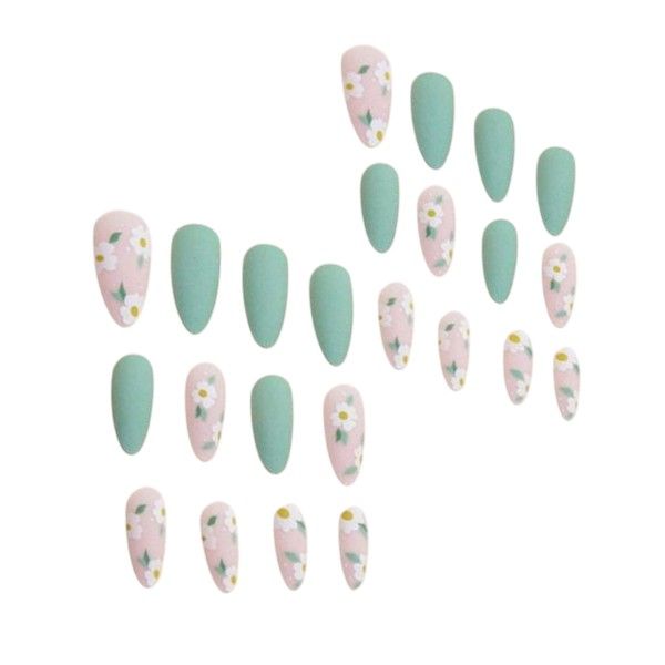 24 Piece - Matte Almond Shape Floral Design Nails - Multicolour
