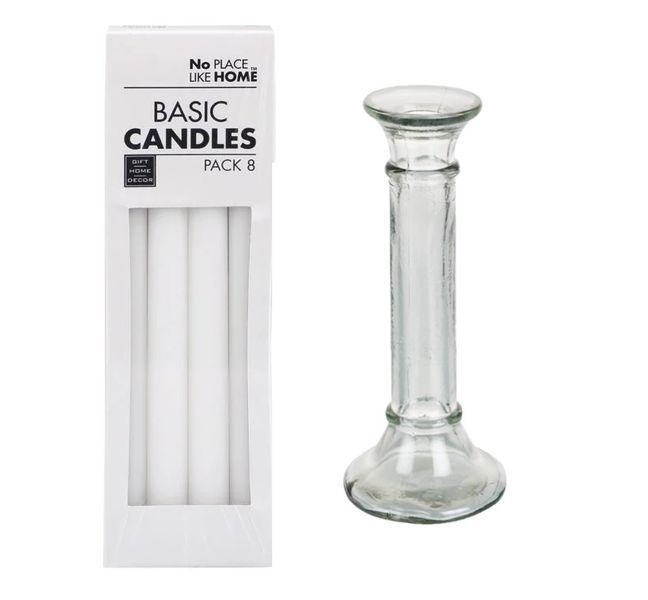 Candle Holder Glass 19cm Clear + 8pc White Candles 22.5cm