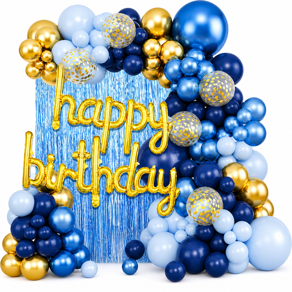 Blue and Gold Happy Birthday Balloon Arch Kit - 81 Piece