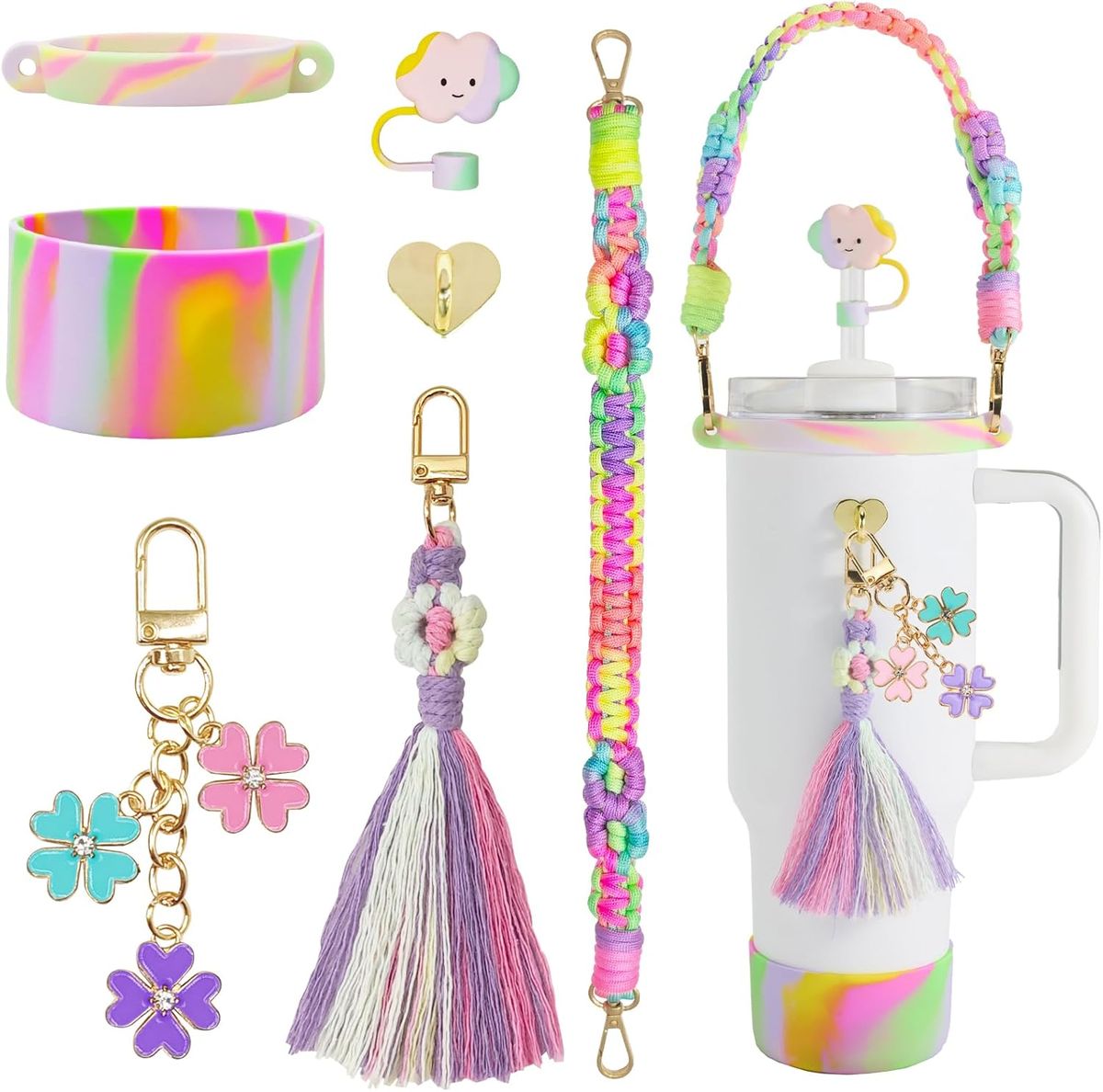 40 oz Leak Proof White Travel Tumbler with Multi Colored Accessories