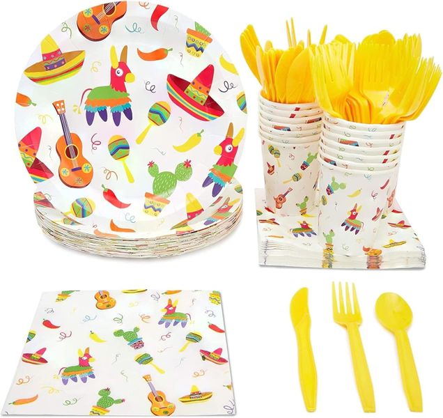 Fiesta Party Plates Set, Mexican Theme for Taco Nights - 144 Pieces