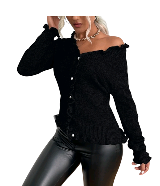 Ribbed Knit Cardigan - Black