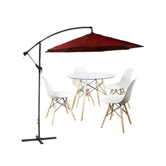 Elegant, Garden Maroon Umbrella, Glass Table &amp; 4 White Chairs - 6 Piece Set
