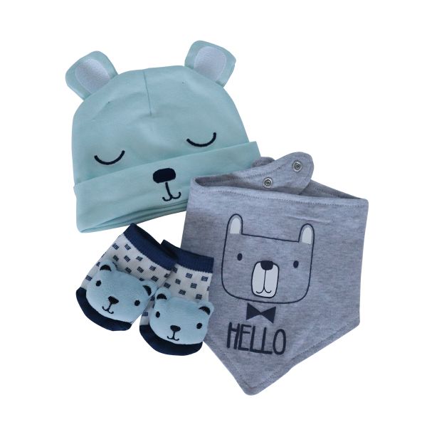 Snuggletime 3-Piece Gift Set - Hat, Bandana Bib and Socks - Blue / Grey