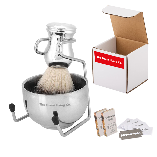 Mens Manual Shaving Set-Razor Blades,Shaving Brush,Bowl &amp; Stand-Great Gift