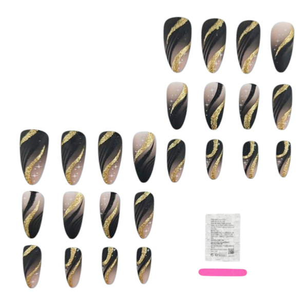 24 Piece Seasonal Autumn Mid-Short Almond Press-On Nails Set - Black &amp; Gold