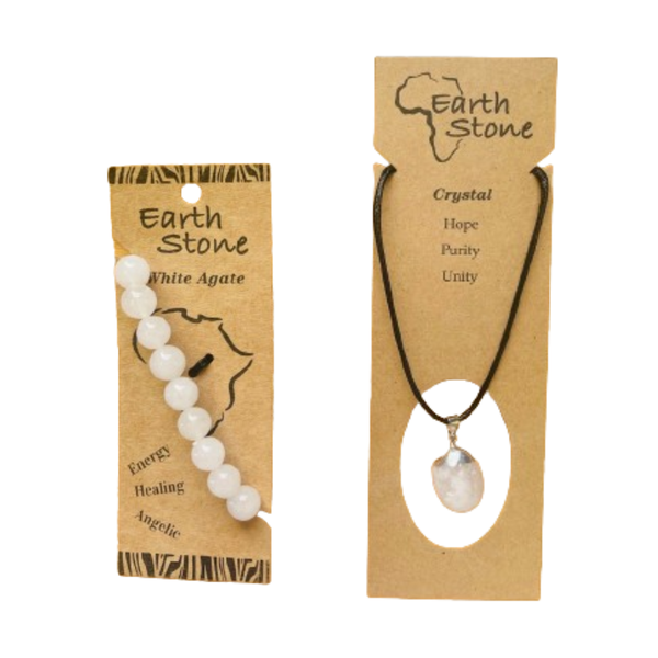 Earth Stone - White Agate Bracelet &amp; Polished Clear Quartz Necklace Set