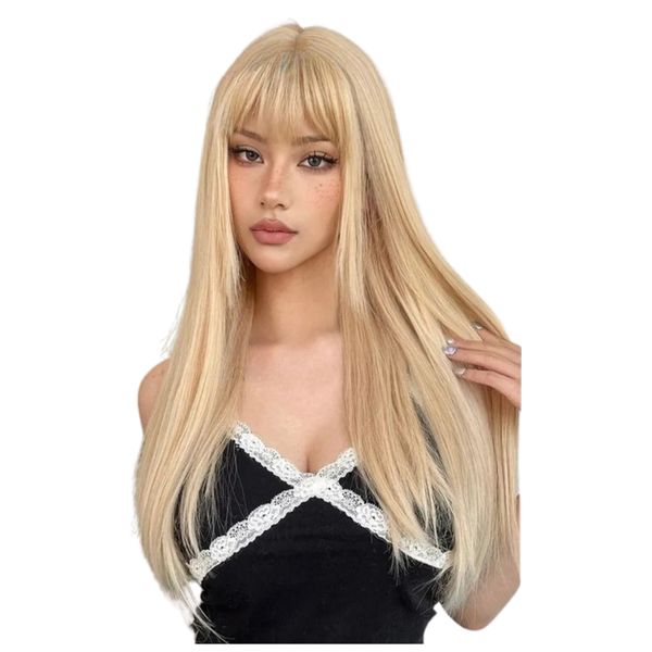Beige Blonde Cosplay Wig - 70cm Long Straight Wig with Bangs |