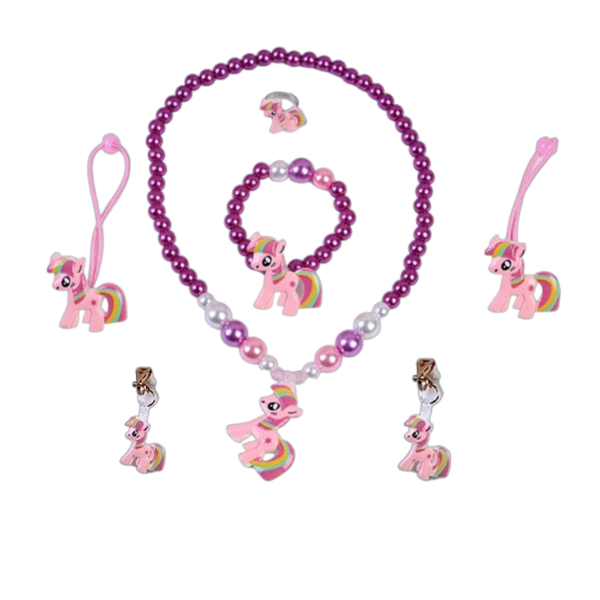 7pcs Kids Jewelry Set and Hair Clips, Cartoon Pony Pendant Party Favor Gift