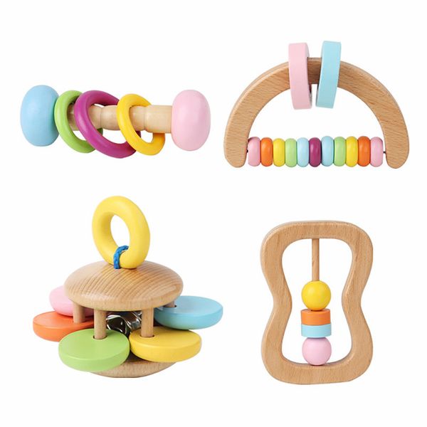Wooden Rattle Four-Piece Infant Comfort Grasping Early Education Toy