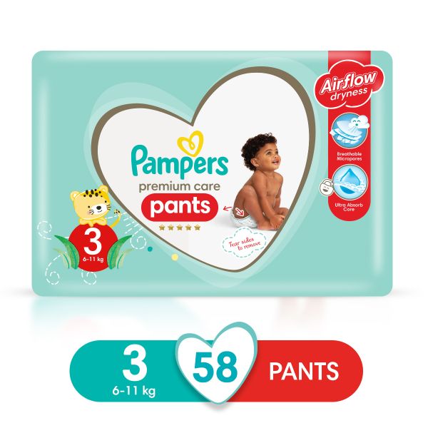 Pampers Premium Care Pants Size 3 (6-11kg) 58 Nappies, Airflow Skin Comfort