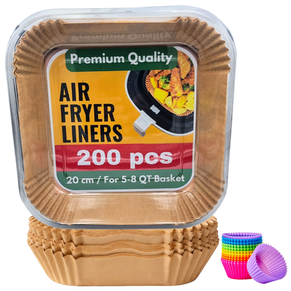 200x Air Fryer Liners Disposable &amp; 12x Reusable Silicone Round Baking Cups