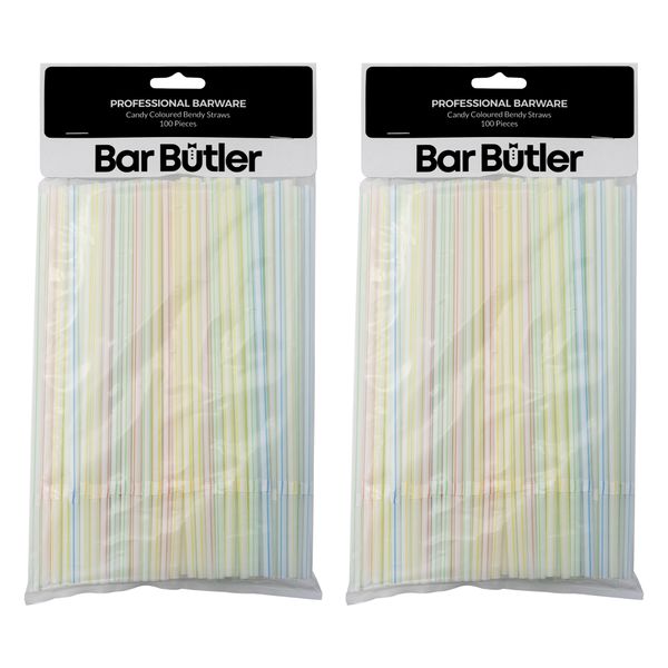 Bar Butler Straws Bendy Candy Coloured, 100 Piece 5mm - 2 Pack