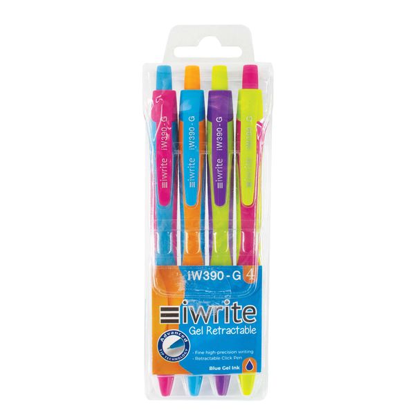 iWrite Retractable Gel Pens 0.5mm with Rubber Grip Wallet of 4 - Blue Ink