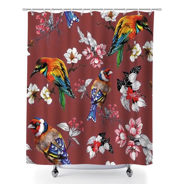 Botanical Bird Print Shower Curtain Sets with 12 Hooks, 180x180cm.