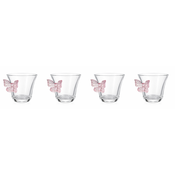 4 Pack - 300ml Glass Butterfly Handle Tea Cup - Transparent &amp; Pink