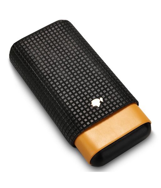Yellow Black Leather 3 Fingers Cigar Case with Cedar Wood Lining