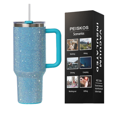 PEISKOS 1.2L Rhinestone Studded Shiny Diamond Flask with Handle Straw Lid Image