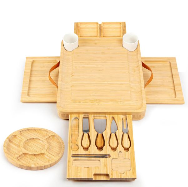 Bamboo Charcuterie Boards Gift Set with 4 Hidden Drawers and Cheese Knives