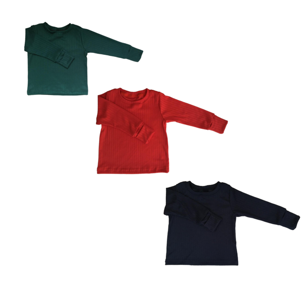 Baby Toddler Shirt x3-Fold Over Cuffs-Rib-Botanic Green, Red &amp; Navy