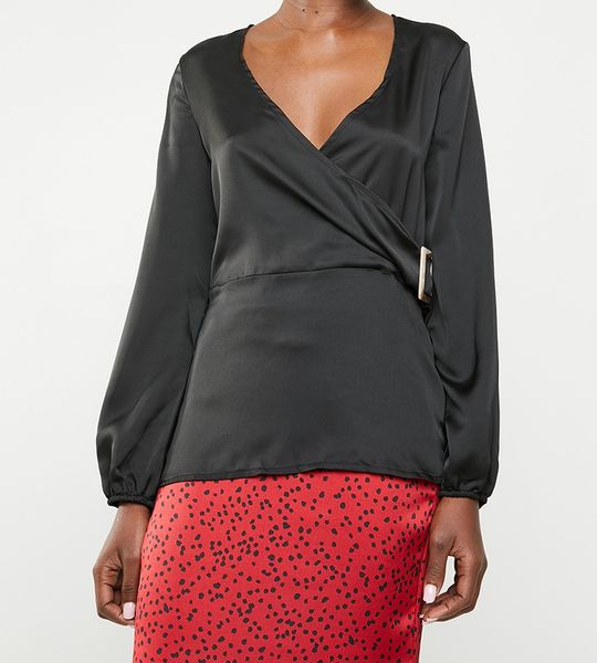 Women's Missguided Long Sleeve Wrap Side Satin Blouse - Black