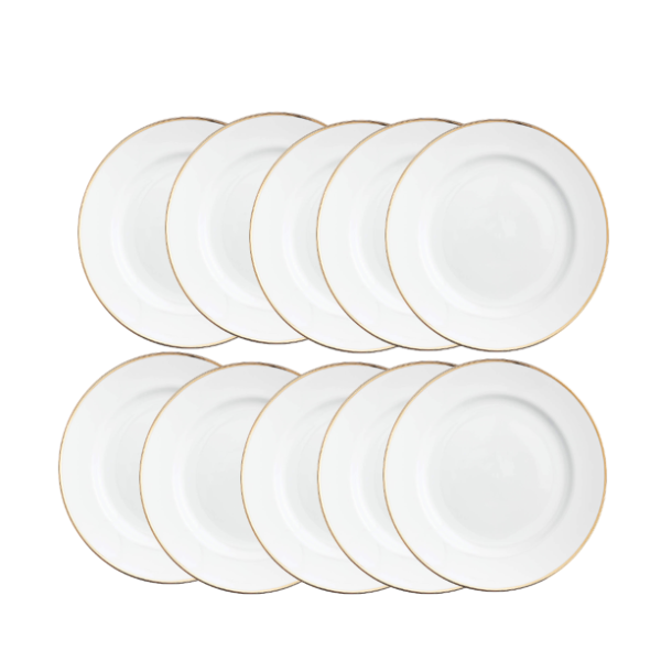 White Ceramic Round Dinner Plate with Gold Trim - 10-Pieces