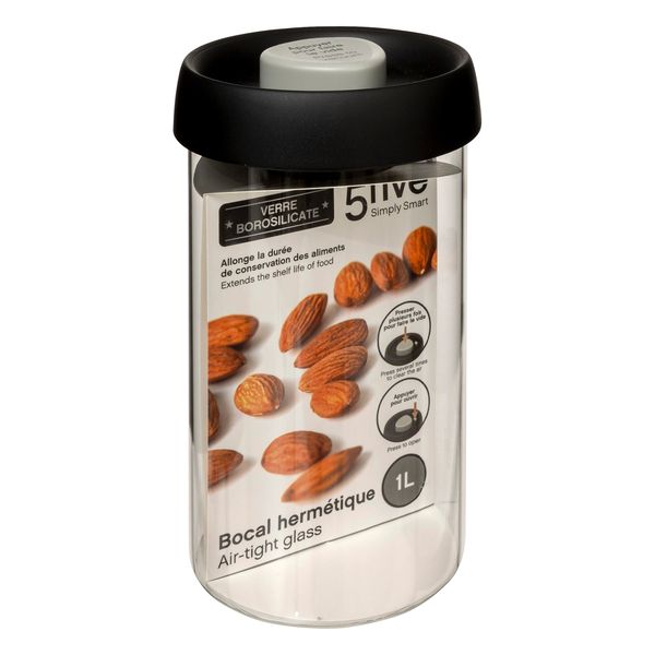 5five Glass Food Storage Jar with Hermet Vacuum Black Lid 1Lt