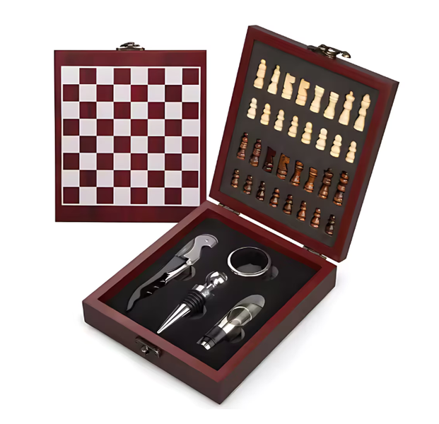 Premium Bamboo Box Corkscrew Set With Chess Gift Set