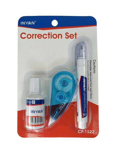 Correction Kit - 3-Piece Set with Correction Fluid, Pen, and Tape- Inyan