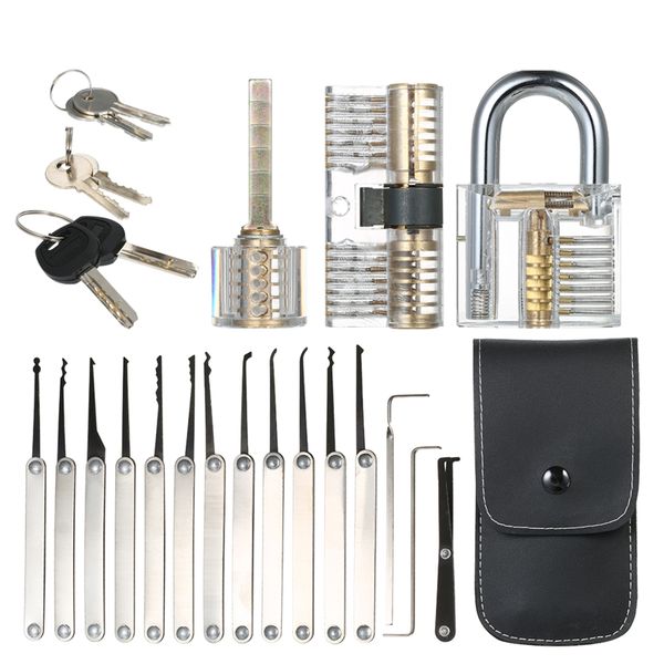 15 Piece Locksmith Lock PickingTool Set Kit W/ 3 Transparent Training Padlocks