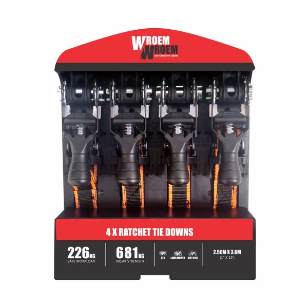 4 Pack Ratchet Tie Downs 2.5cm x 3.6m