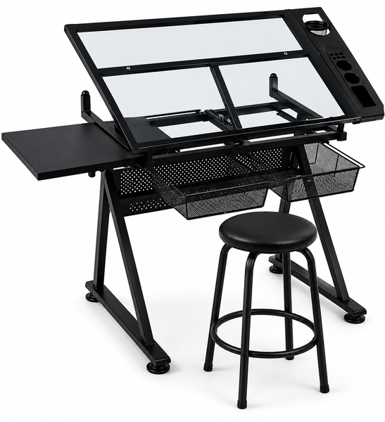 Glass Top Drawing Desk/Art Workstation Drafting Table with Storage &amp; Stool
