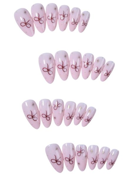 Almond Shape Nail Set with Gold Stars and Bow-Tie Accents - Pink