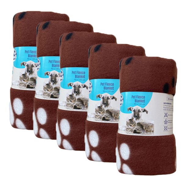 Pet Mall Pet Fleece Blanket Brown Paw Print (76 x 100cm) - 5 Pack