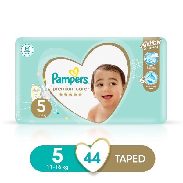 Pampers Premium Care Size 5 (12-18 kg) 44 Nappies, Airflow Skin Comfort