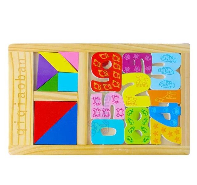 Colorful 3D Tangram Board Puzzle Game Wooden Blocks Numbers and Shapes - 18 Piece