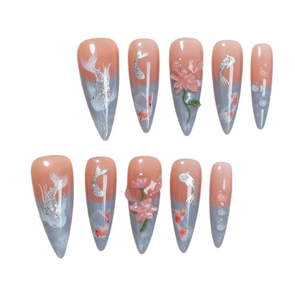 10 Piece -Almond Shaped Acrylic Nails With Summer Flower Design-Multicolor