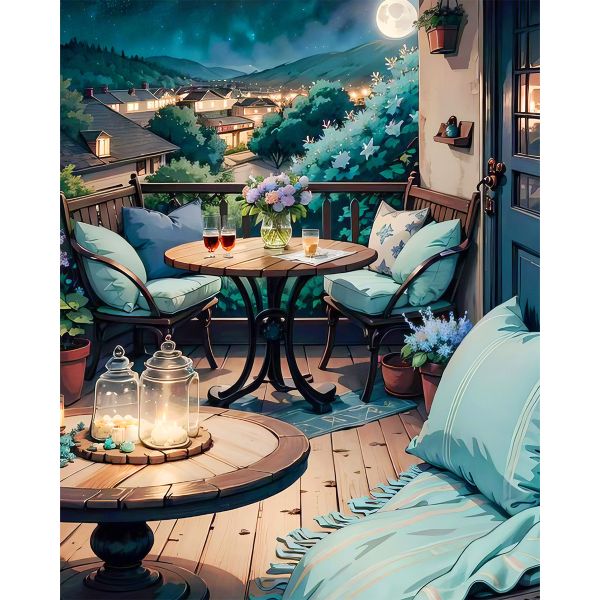 Paint By Numbers DIY 40cmx50cm Frame - Moon Town Balcony Night View
