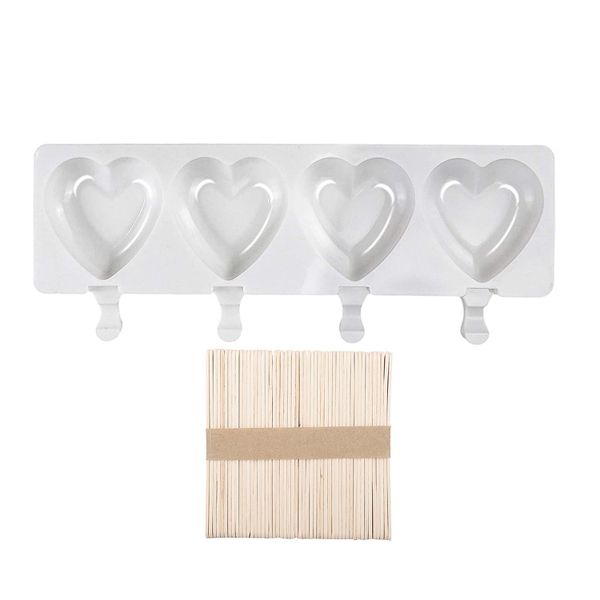 4 Cavity Heart Pattern Ice Cream Mould With 50 Popsicle Stick Set - White