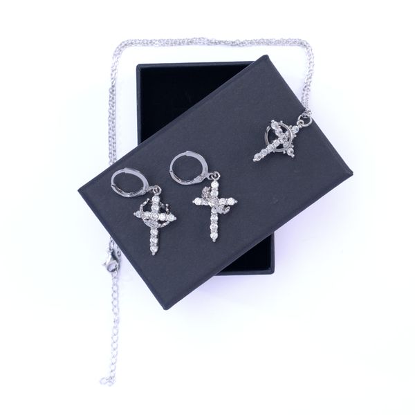 3 Piece Cross &amp; Crown Jewellery In Box - Zirconia Necklace &amp; Earrings Set